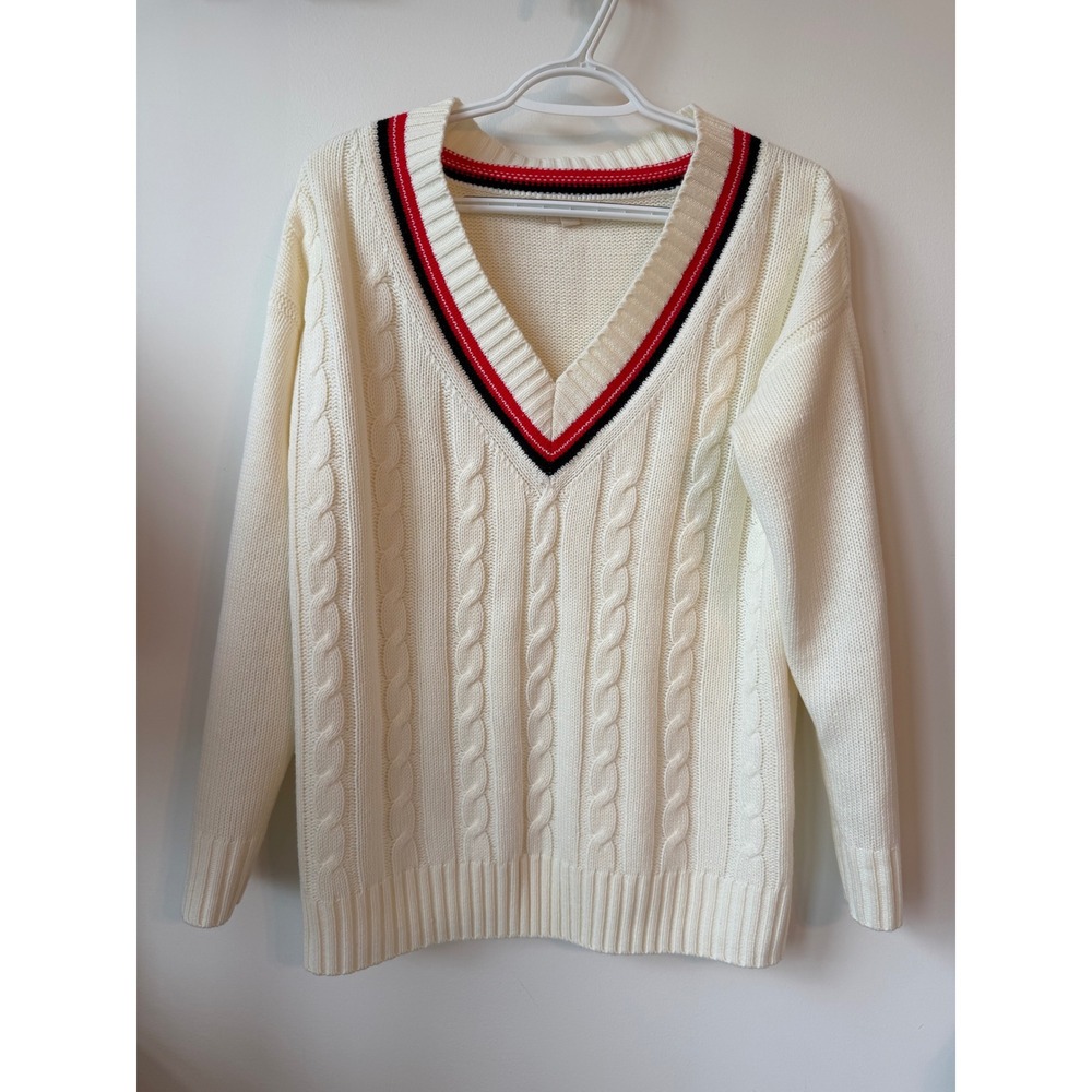 Promesa Ivory Cable Knit V-Neck Varsity Sweater Cream Red Black Striped Medium